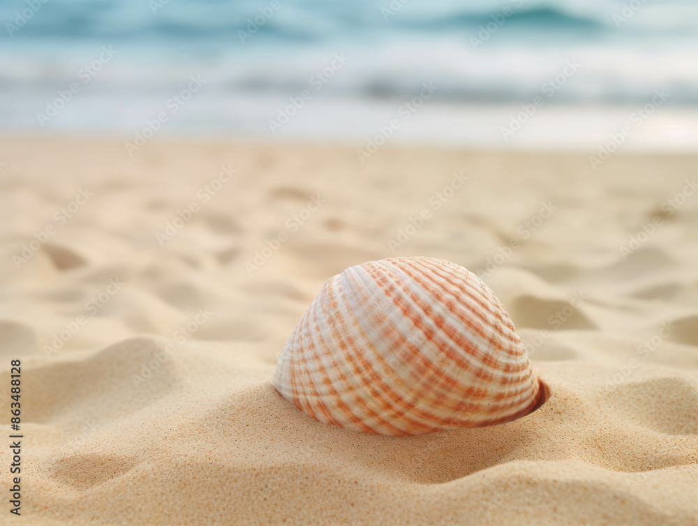 Beautiful Seashell Partially Buried in Golden Sand on a Tranquil Beach with Soft Waves in the Distance Beautiful Seashell Partially Buried in Golden Sand on a Tranquil Beach with Soft Waves in the Distance