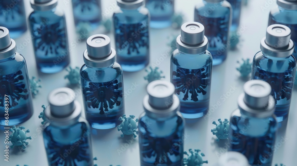 SARS CoV 2 Immunization and Treatment Concept with Vaccine Vials Top View SARS CoV 2 Immunization and Treatment Concept with Vaccine Vials Top View