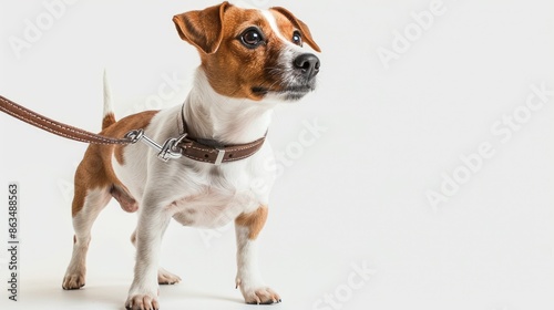 Jack Russell Terrier with leash on white background © Emin