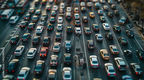 Aerial view of congested highway traffic during rush hour.  