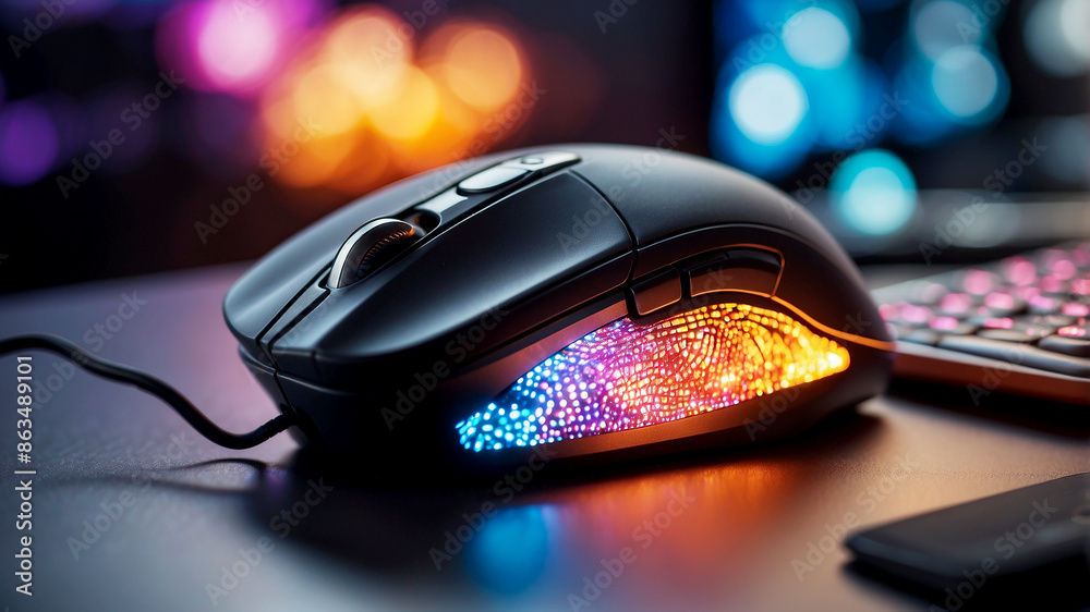modern computer mouse sits on a high-tech, illuminated desk. The background features multiple monitors displaying vibrant modern computer mouse sits on a high-tech, illuminated desk. The background features multiple monitors displaying vibrant