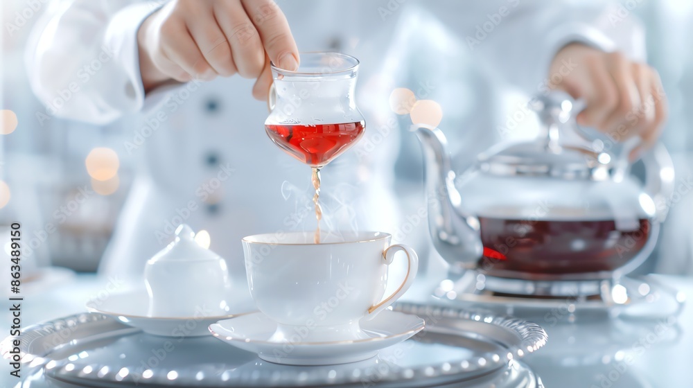 Elegant tea service with pouring red tea into a white cup on a silver tray in a refined setting, creating a sophisticated ambiance. Elegant tea service with pouring red tea into a white cup on a silver tray in a refined setting, creating a sophisticated ambiance.