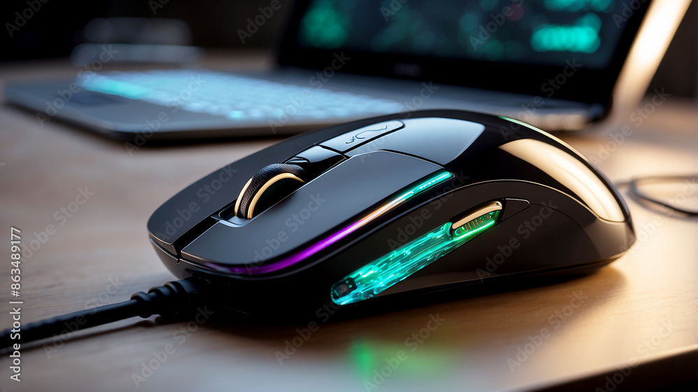 modern computer mouse sits on a high-tech, illuminated desk. The background features multiple monitors displaying vibrant modern computer mouse sits on a high-tech, illuminated desk. The background features multiple monitors displaying vibrant