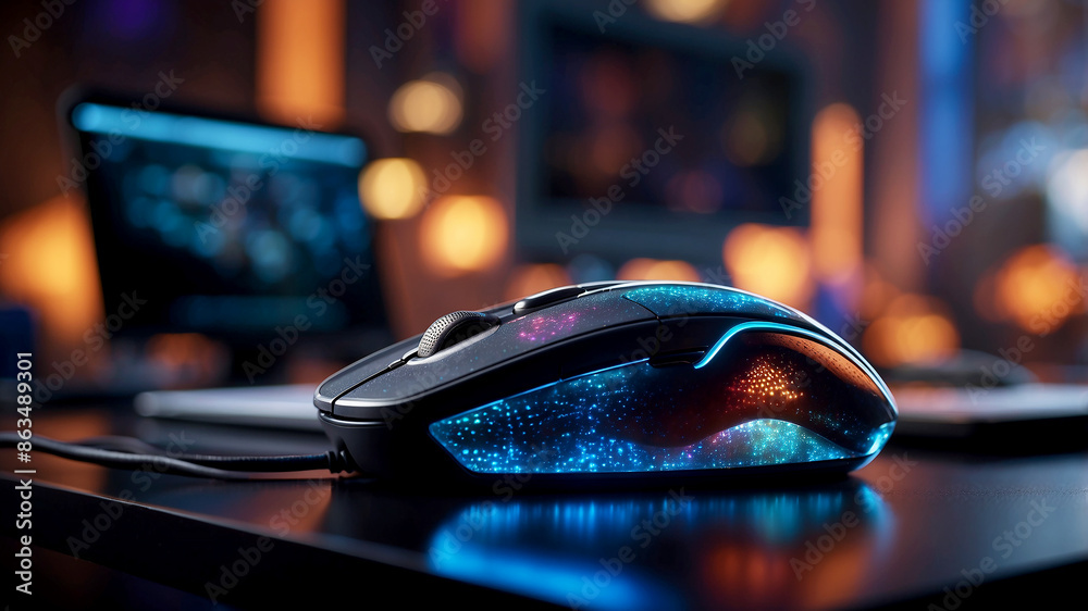 modern computer mouse sits on a high-tech, illuminated desk. The background features multiple monitors displaying vibrant modern computer mouse sits on a high-tech, illuminated desk. The background features multiple monitors displaying vibrant