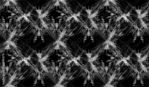 Perforated seamless halftone dotted canvas of shifted radiant mandalas. Black outline on transparent background. Vector.