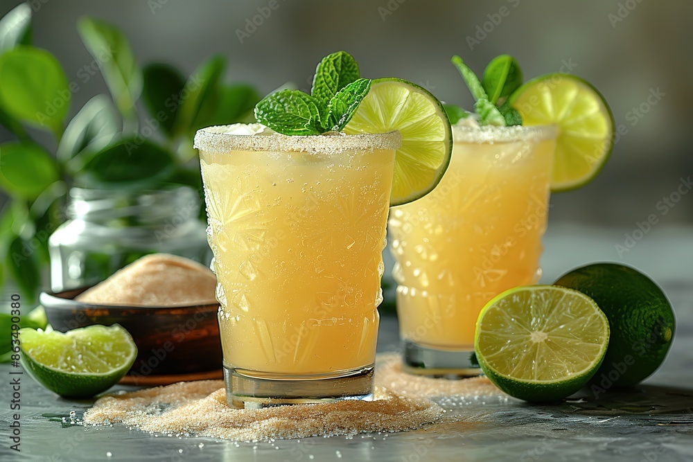Fototapeta premium Two glasses of a yellow drink with lime slices on top