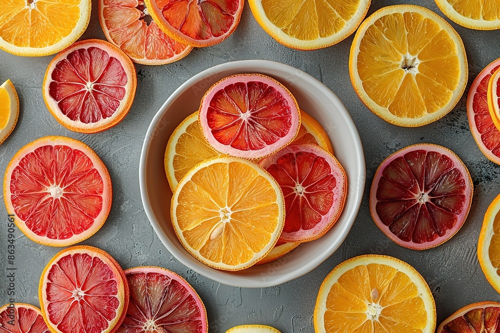 A bowl of oranges and grapefruit slices are arranged in a pattern A bowl of oranges and grapefruit slices are arranged in a pattern