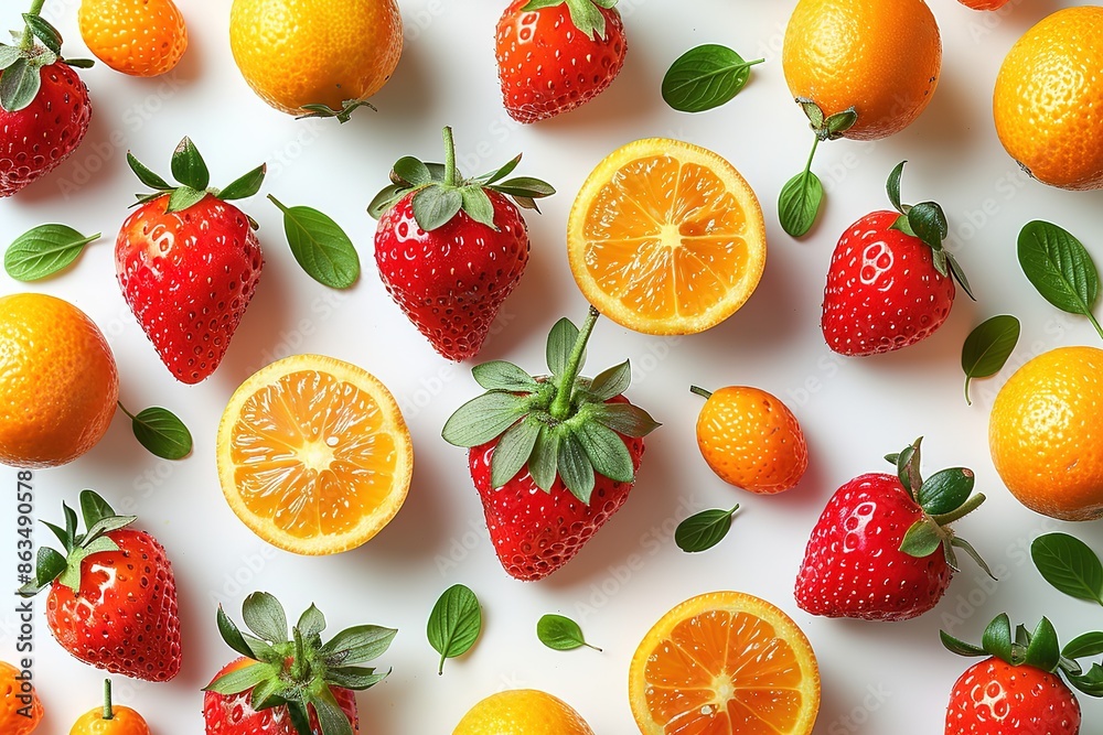 A close up of a variety of fruits including oranges, strawberries, and oranges A close up of a variety of fruits including oranges, strawberries, and oranges