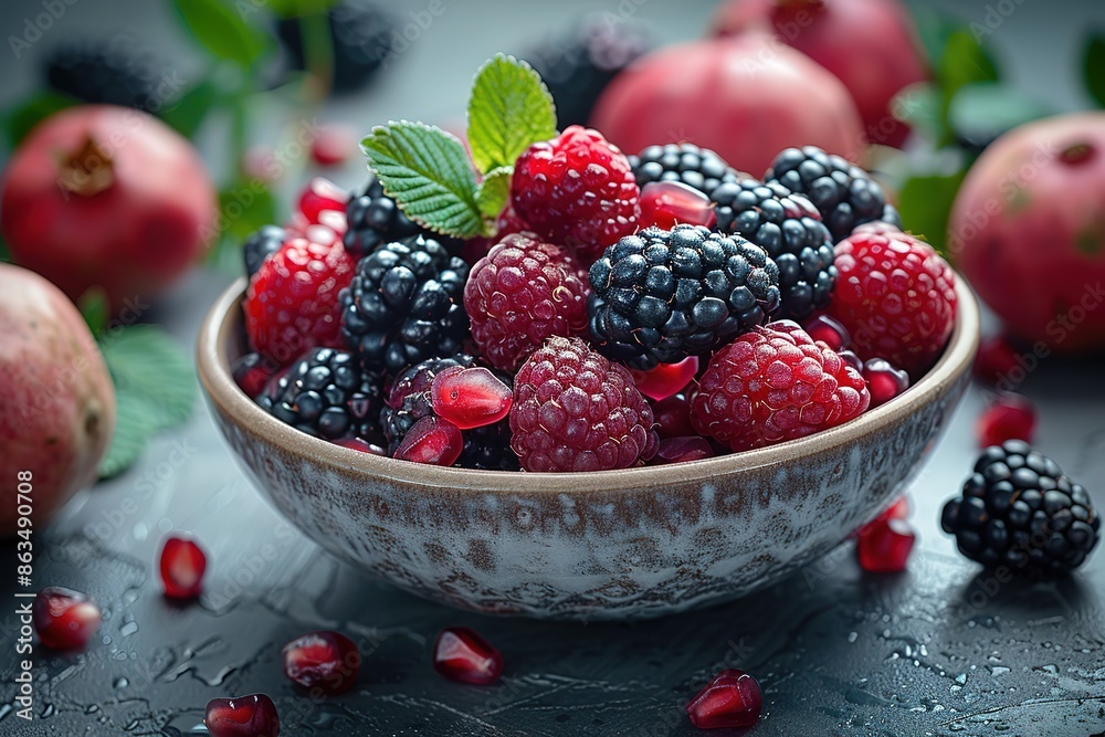 A bowl of blackberries and raspberries with a green leaf on top A bowl of blackberries and raspberries with a green leaf on top