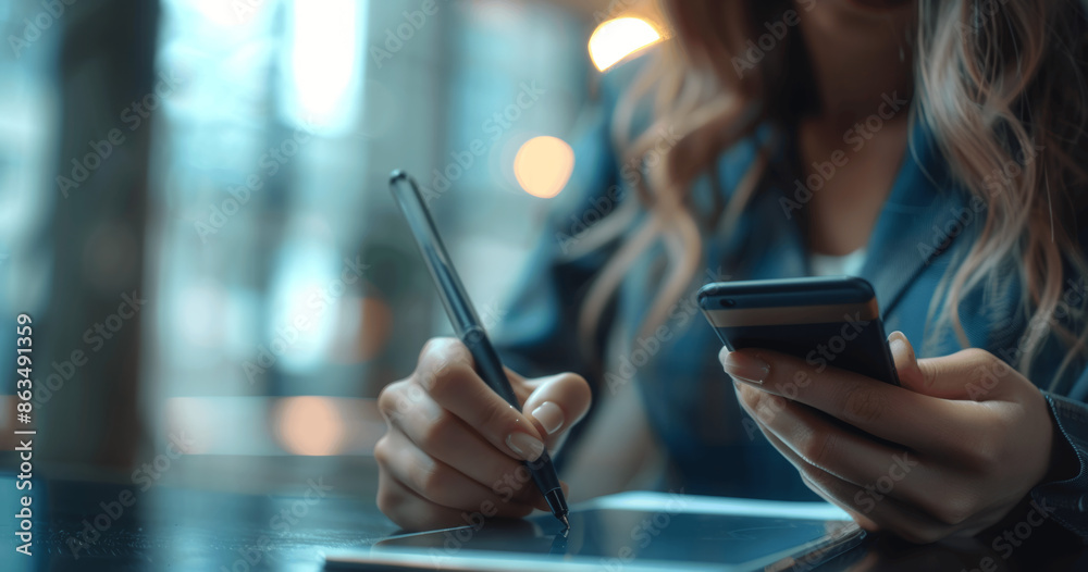 Asian Businesswoman Using Smart Phone and Digital Tablet in Modern Office Writing on Mobile Screen Asian Businesswoman Using Smart Phone and Digital Tablet in Modern Office Writing on Mobile Screen