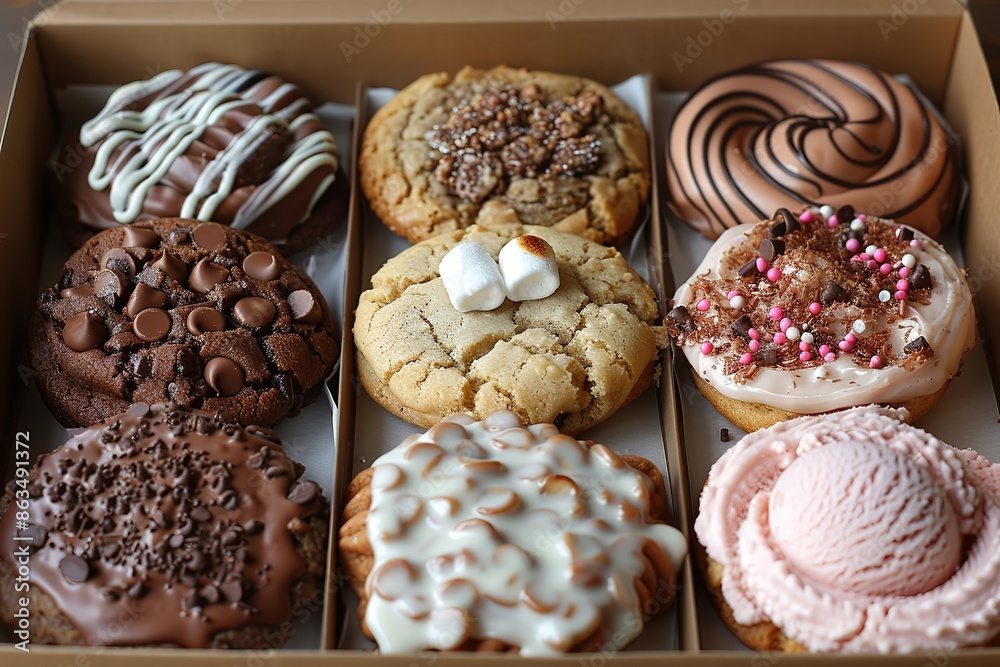 A box of assorted cookies and ice cream cones A box of assorted cookies and ice cream cones