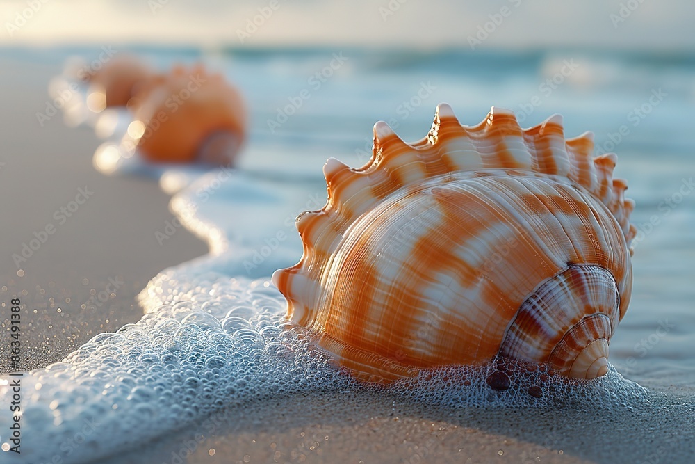 A large orange and white shell is laying on the beach A large orange and white shell is laying on the beach