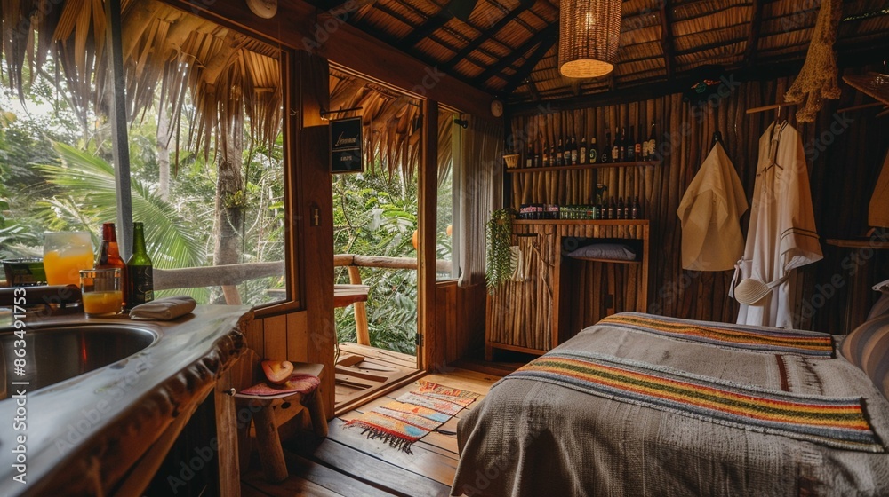 Fototapeta premium A tropical treehouse hotel room, offering a minibar stocked with local beers and fruity cocktails