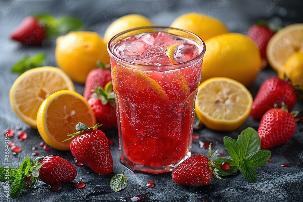 A glass of pink drink with strawberries and lemons on a table A glass of pink drink with strawberries and lemons on a table