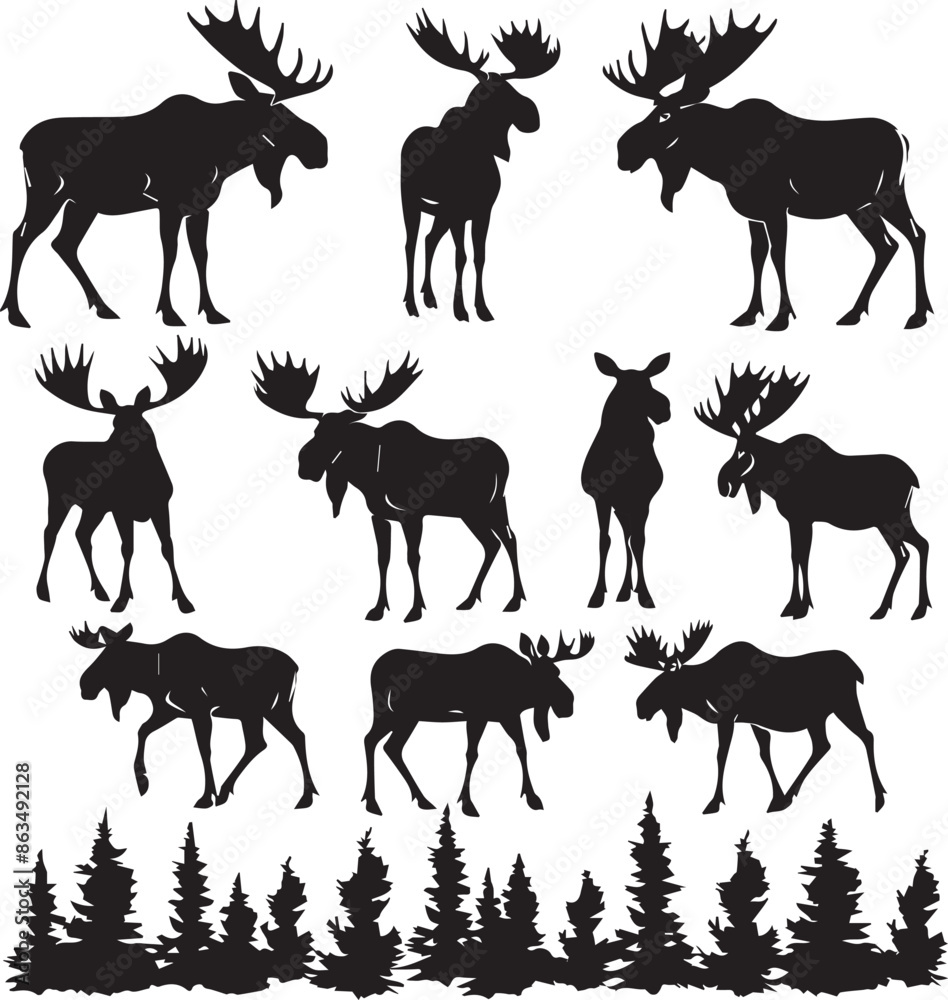Fototapeta premium A Lot of Silhouette Wild Moose Animal silhouette vector illustration.