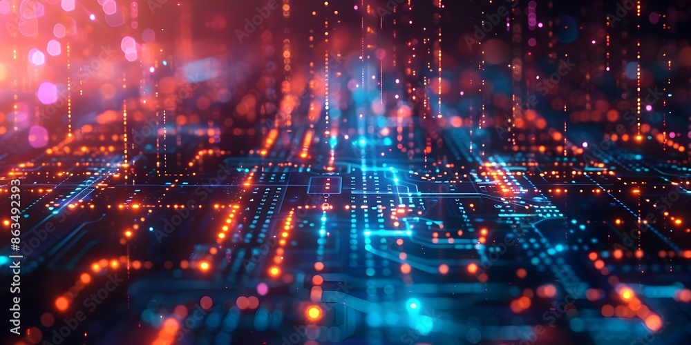 Abstract tech background with illuminated fiber optic connections, quantum computing network system electronic global intelligence