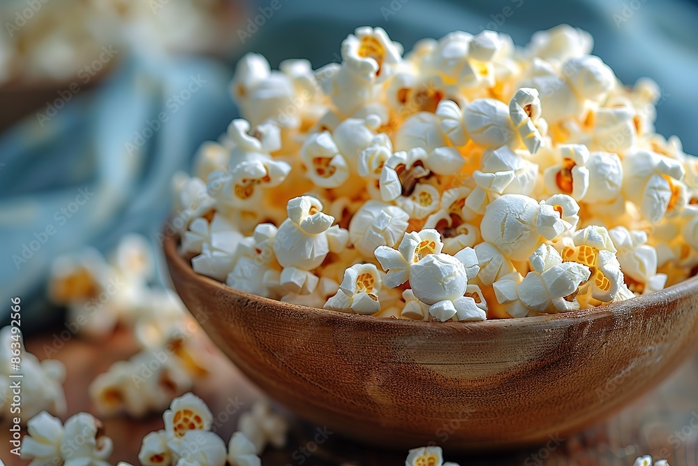 A bowl of popcorn is sitting on a wooden table A bowl of popcorn is sitting on a wooden table