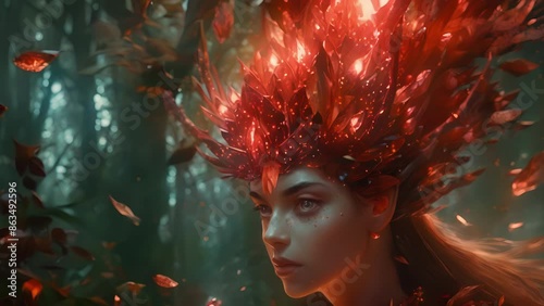 A collection of glowing garnet fragments adorned a sparkling headdress worn by a mythical creature of the forest.