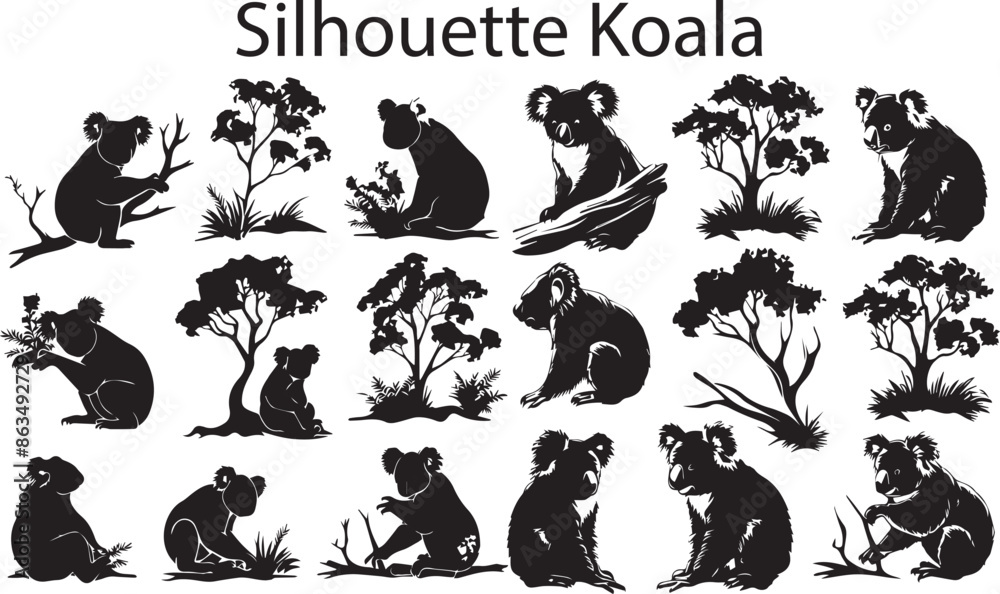 Obraz premium Silhouette Koala. A Set of Beautiful Koala Animal black silhouette vector illustration.