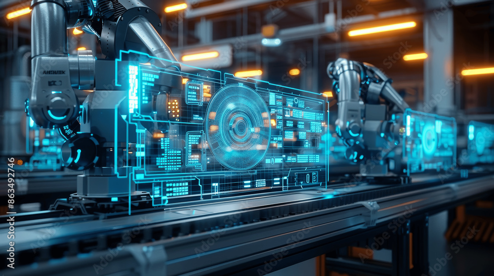 Digital twin technology 3D rendering of futuristic smart factory with ...