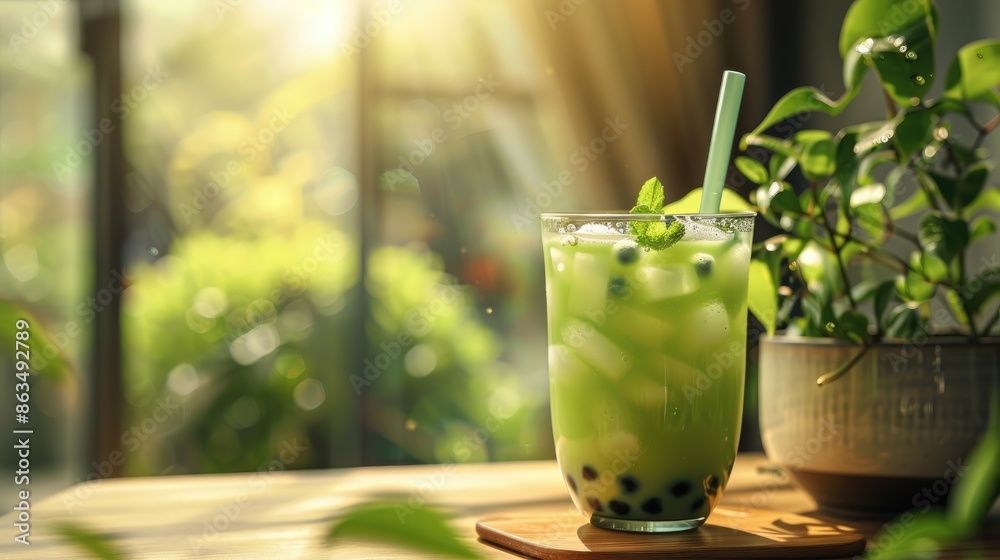 Green tea with boba on wooden surface with copy space natural light backdrop Green tea with boba on wooden surface with copy space natural light backdrop