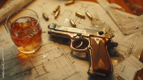 Close-up of pistol and whiskey glass on map on table
