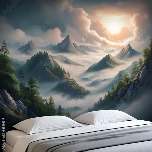 Fototapeta Naklejka Na Ścianę i Meble -  Mountain wallpaper in bedroom Generative AI