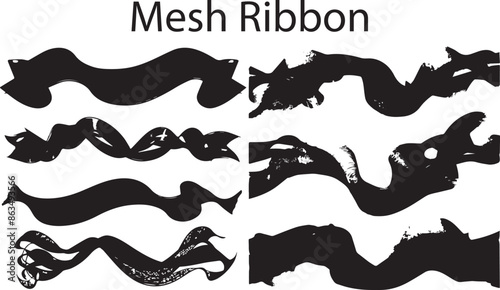 Set of Silhouette Mesh Ribbon Vector Illustration. Black and White Mesh Ribbon vector collection. 