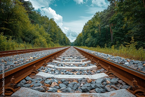 The train tracks are surrounded by trees and rocks