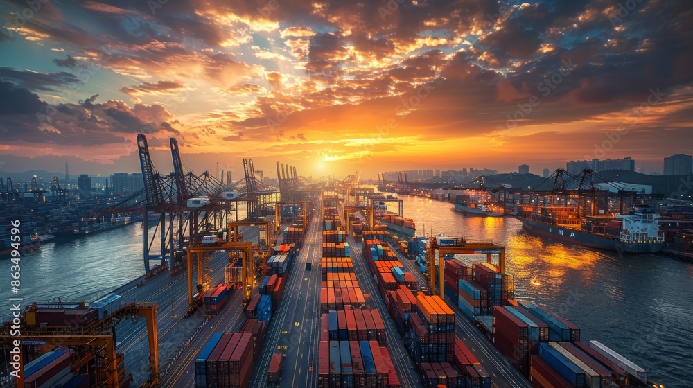 Fototapeta premium Global Commerce at Sunset: Industrial Harbor Illuminated by Golden Light, Showcasing Trade's Industrious Rhythm
