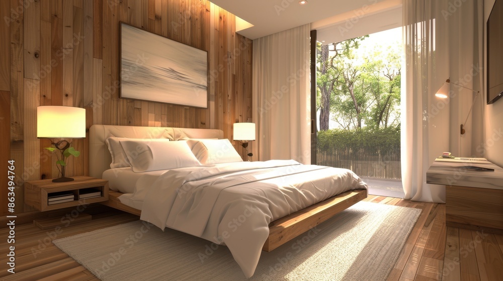Fototapeta premium Bedroom interior design with modern decor, comfortable bed and soft bedding