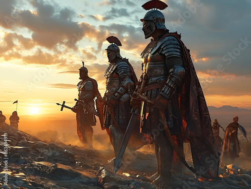  Three armored men standing on hill at sunset, silhouetted against orange sky. photo