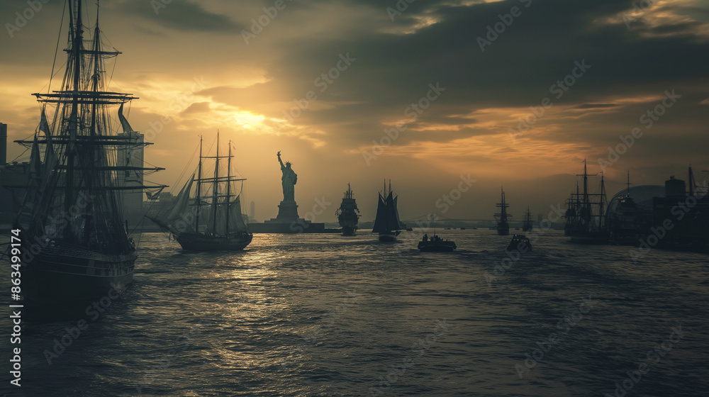 Fototapeta premium Liberty and Maritime History - The maritime history surrounding the Statue of Liberty, including ships and sailors, Statue of Liberty, maritime, hd, historical with copy space