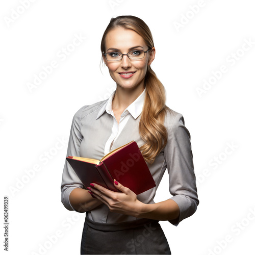 Beautiful female teacher standing and holding a book isolated on transparent background