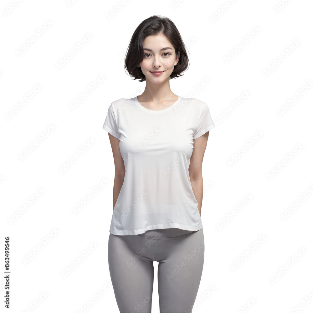 Beautiful woman dressed in blank white t-shirt standing isolated on transparent background Beautiful woman dressed in blank white t-shirt standing isolated on transparent background