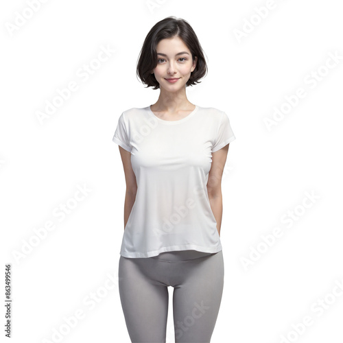 Beautiful woman dressed in blank white t-shirt standing isolated on transparent background