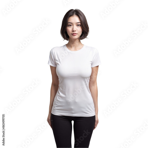 Beautiful woman wearing blank white t shirt isolated on transparent background