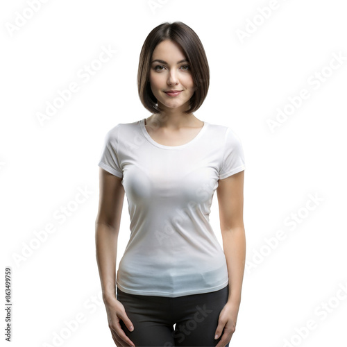 Beautiful woman wearing white t-shirt standing isolated on transparent background