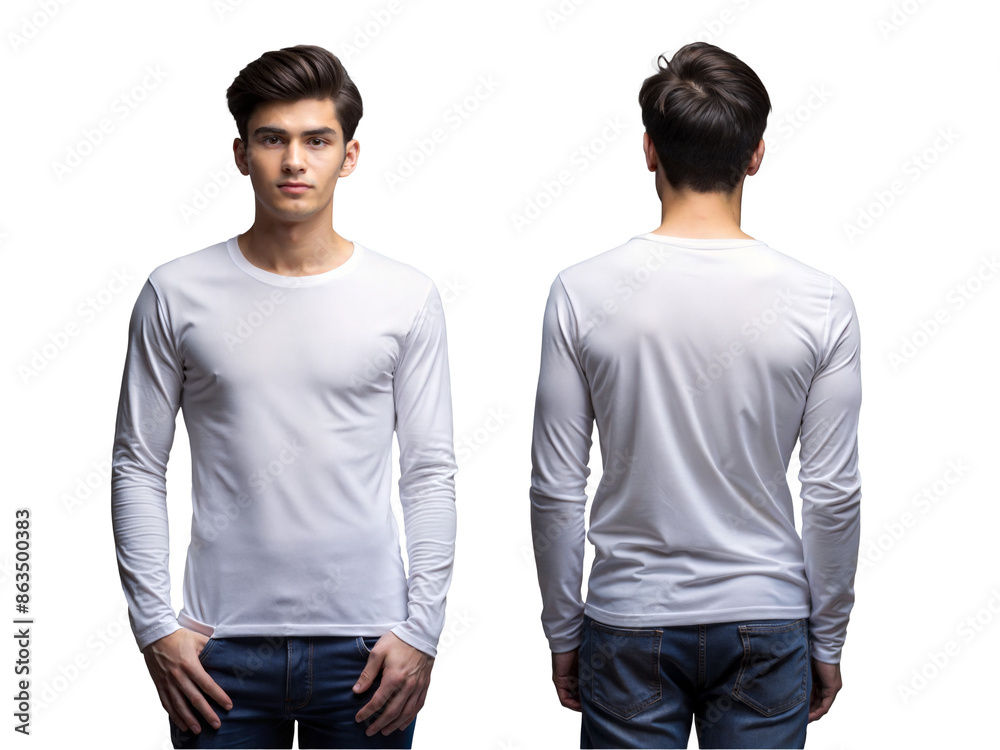 Front and black view of a man wearing long sleeve blank white t-shirt and jeans, isolated on transparent background Front and black view of a man wearing long sleeve blank white t-shirt and jeans, isolated on transparent background