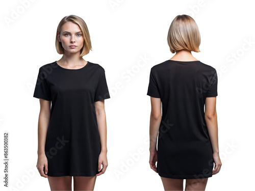 Front and black view of beautiful woman wearing blank black oversized t-shirt, isolated on transparent background