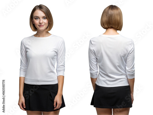 Front and black view of beautiful woman wearinglong sleeve white t-shirt and black skirt, isolated on transparent background