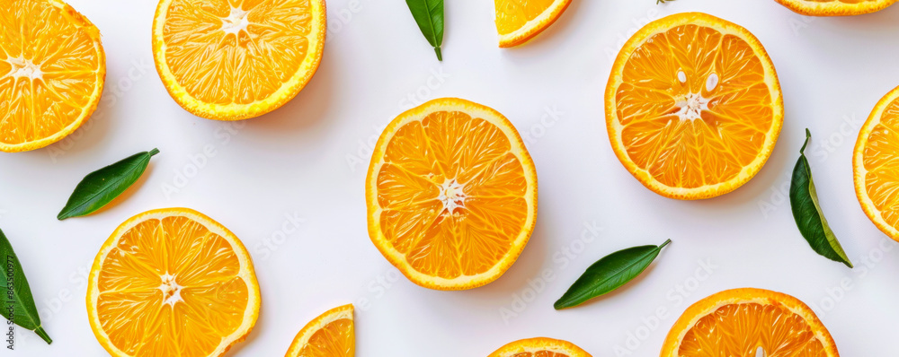 A close up of oranges with green leaves in the background. The oranges are sliced and arranged in a pattern A close up of oranges with green leaves in the background. The oranges are sliced and arranged in a pattern