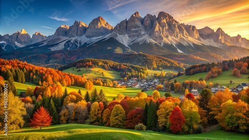 Vibrant autumn foliage adorns the majestic wilder kaiser mountains in tirol, austria, with golden light casting a warm glow on the serene alpine landscape. photo