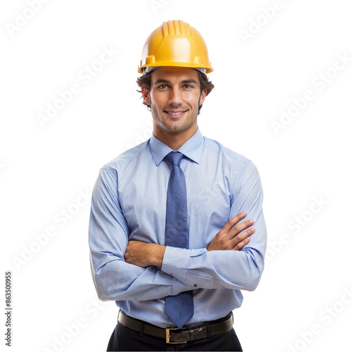 Male engineer with safety helmet on his head, isolated on transparent background