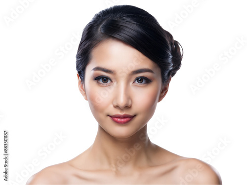 ortrait of beautiful woman model with clean fresh skin isolated on transparent background, skin care treatment or cosmetic ads concept