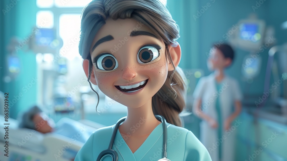 Smiling Young Nurse Checking Patient's Vital Signs in Hospital Room - 3D Cartoon Illustration Close-Up Smiling Young Nurse Checking Patient's Vital Signs in Hospital Room - 3D Cartoon Illustration Close-Up
