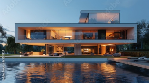 Modern Luxury Home With Infinity Pool Overlooking a Lake at Dusk