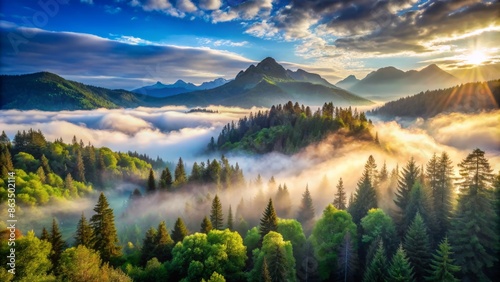 Vibrant morning mist rises above serene forest landscape with rugged mountains and lush green trees under a majestic blue sky with puffy white clouds.