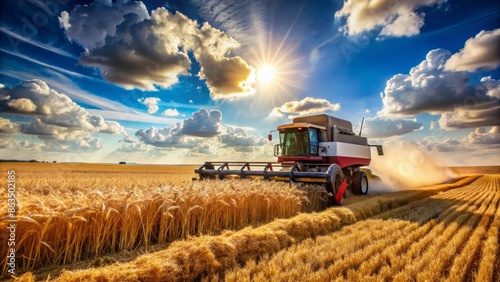 Agricultural harvester machine operates in a vast, sun-kissed field, harvesting golden wheat under a bright blue sky with a few puffy white clouds.