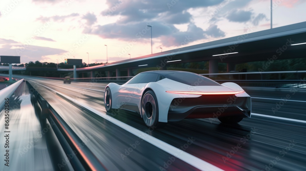 Naklejka premium Futuristic electric sports car driving on a modern highway at sunset, showcasing innovative automotive technology and stylish design.